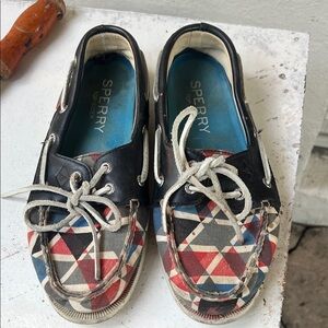 Sperry Kids Red Blue Black Geometric Canvas Boat Shoes